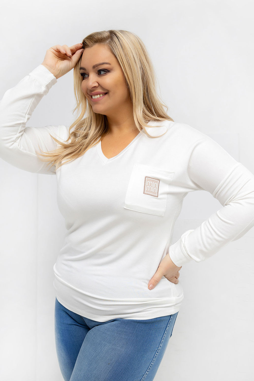 Relevance Ecru V-Neck Long Sleeve Plus Size Blouse