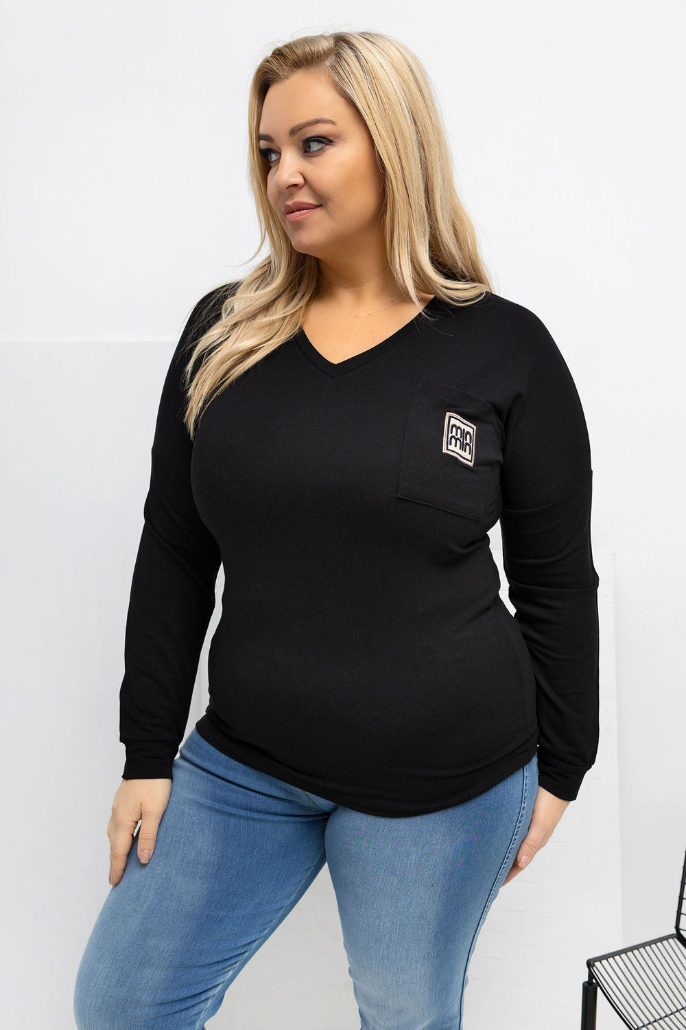 Relevance Black V-Neck Long Sleeve Plus Size Blouse