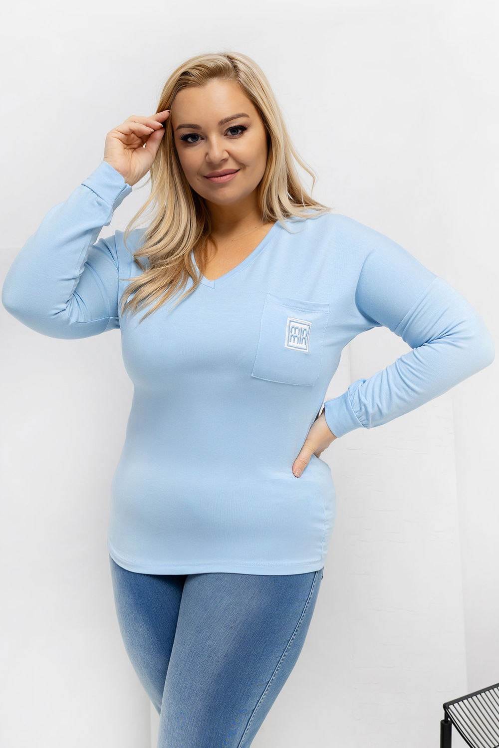 Relevance Light Blue V-Neck Long Sleeve Plus Size Blouse
