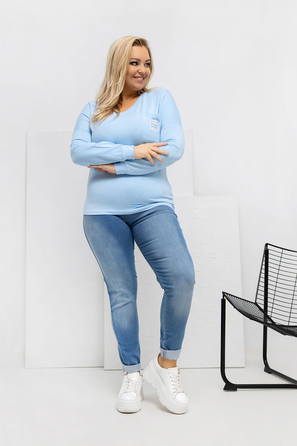 Relevance Light Blue V-Neck Long Sleeve Plus Size Blouse - view 2