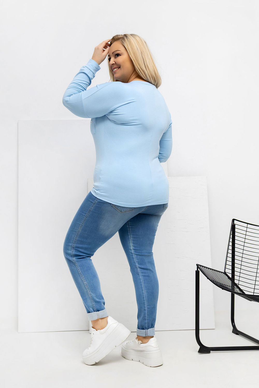 Relevance Light Blue V-Neck Long Sleeve Plus Size Blouse - view 3