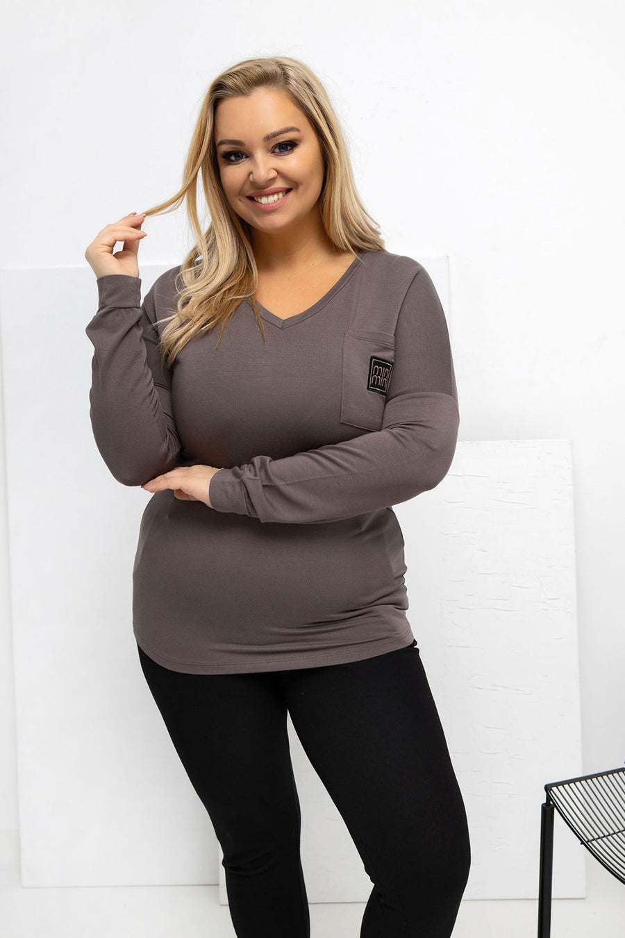 Relevance Brown V-Neck Long Sleeve Plus Size Blouse