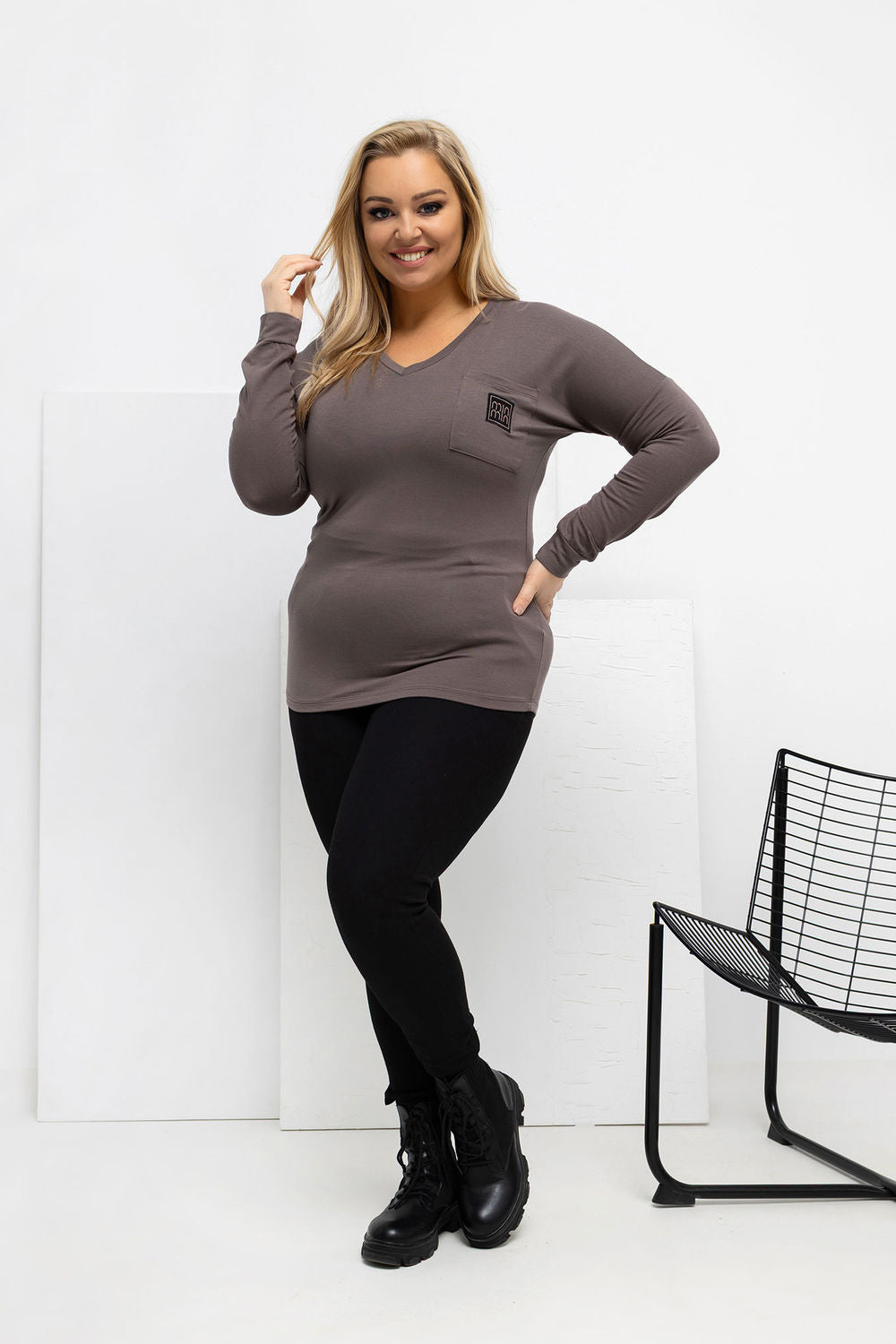 Relevance Brown V-Neck Long Sleeve Plus Size Blouse - view 2