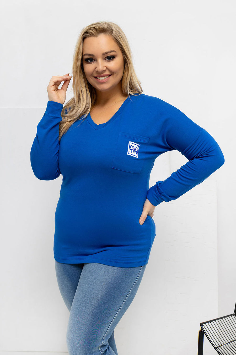 Relevance Cobalt Blue V-Neck Long Sleeve Plus Size Blouse