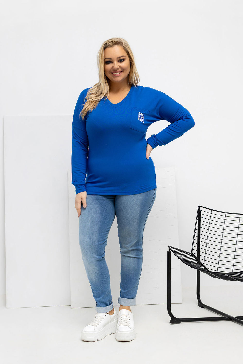 Relevance Cobalt Blue V-Neck Long Sleeve Plus Size Blouse - view 2