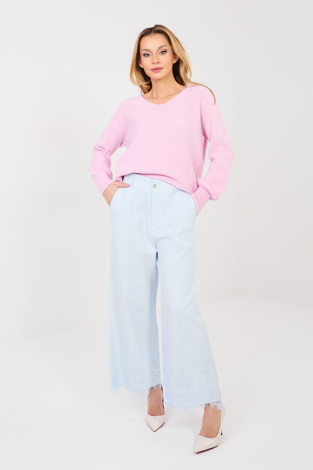 Rue Paris Light Blue Lace Wide Leg Jeans