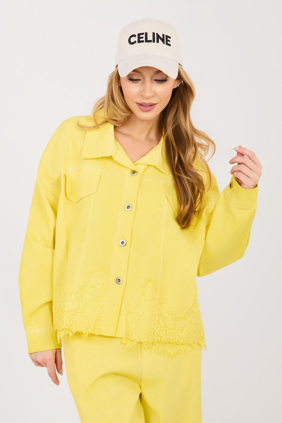 Rue Paris Yellow Lace Long Sleeve Denim Jacket