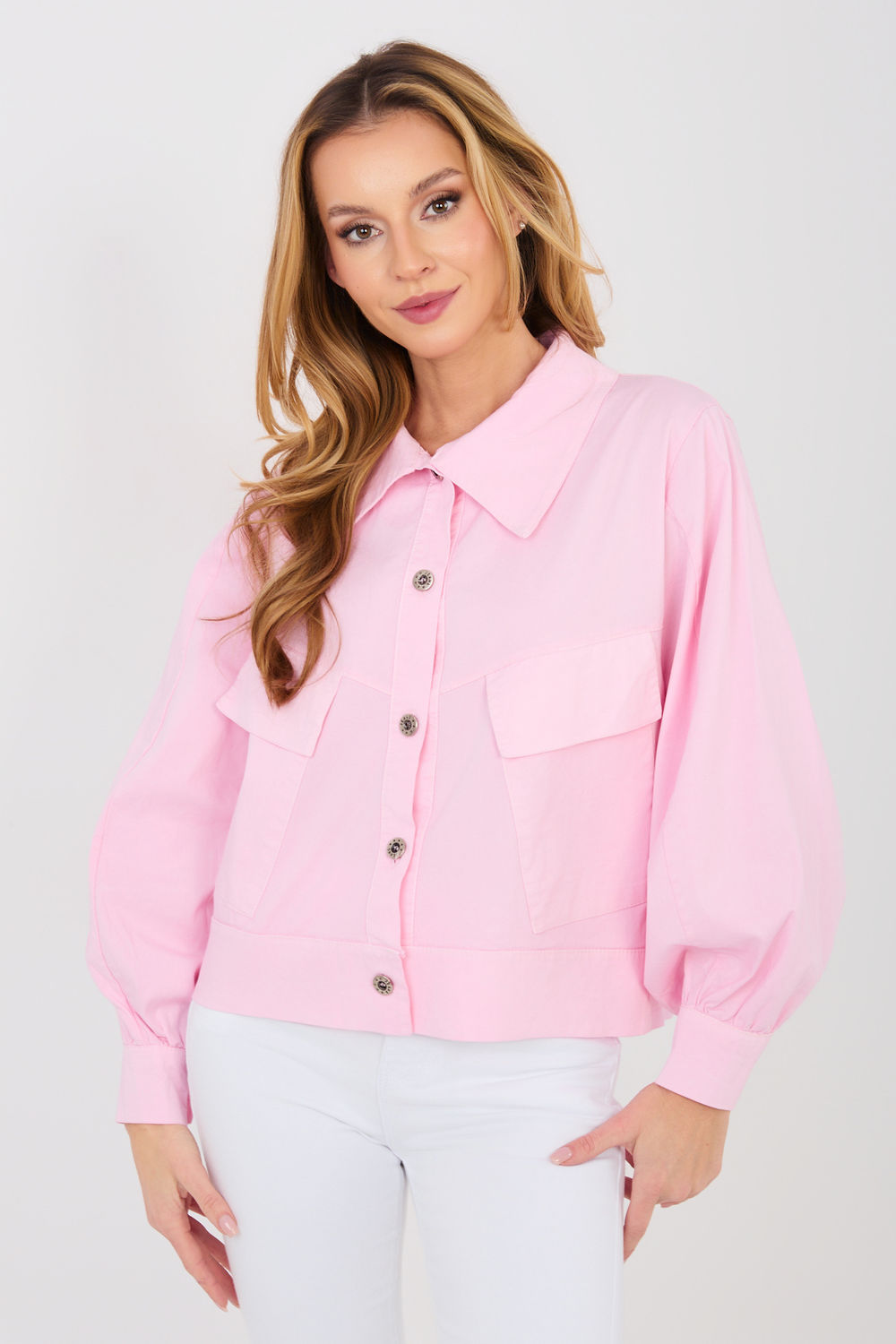 Rue Paris Light Pink Collared Cotton Long Sleeve Top