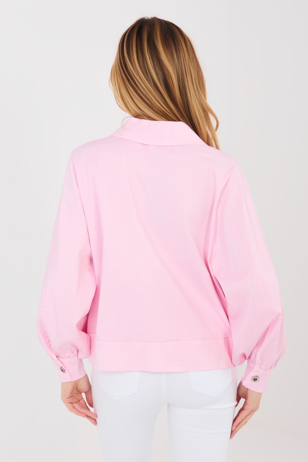 Rue Paris Light Pink Collared Cotton Long Sleeve Top - view 3