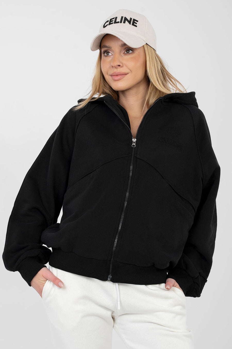 Factory Price Black Hooded Zip Up Long Sleeve Cotton Sweatshirt