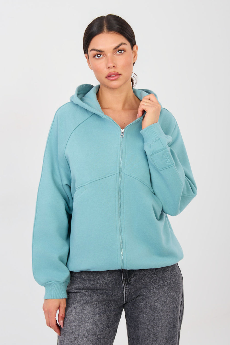 Factory Price Turquoise Hooded Zip Up Sweatshirt