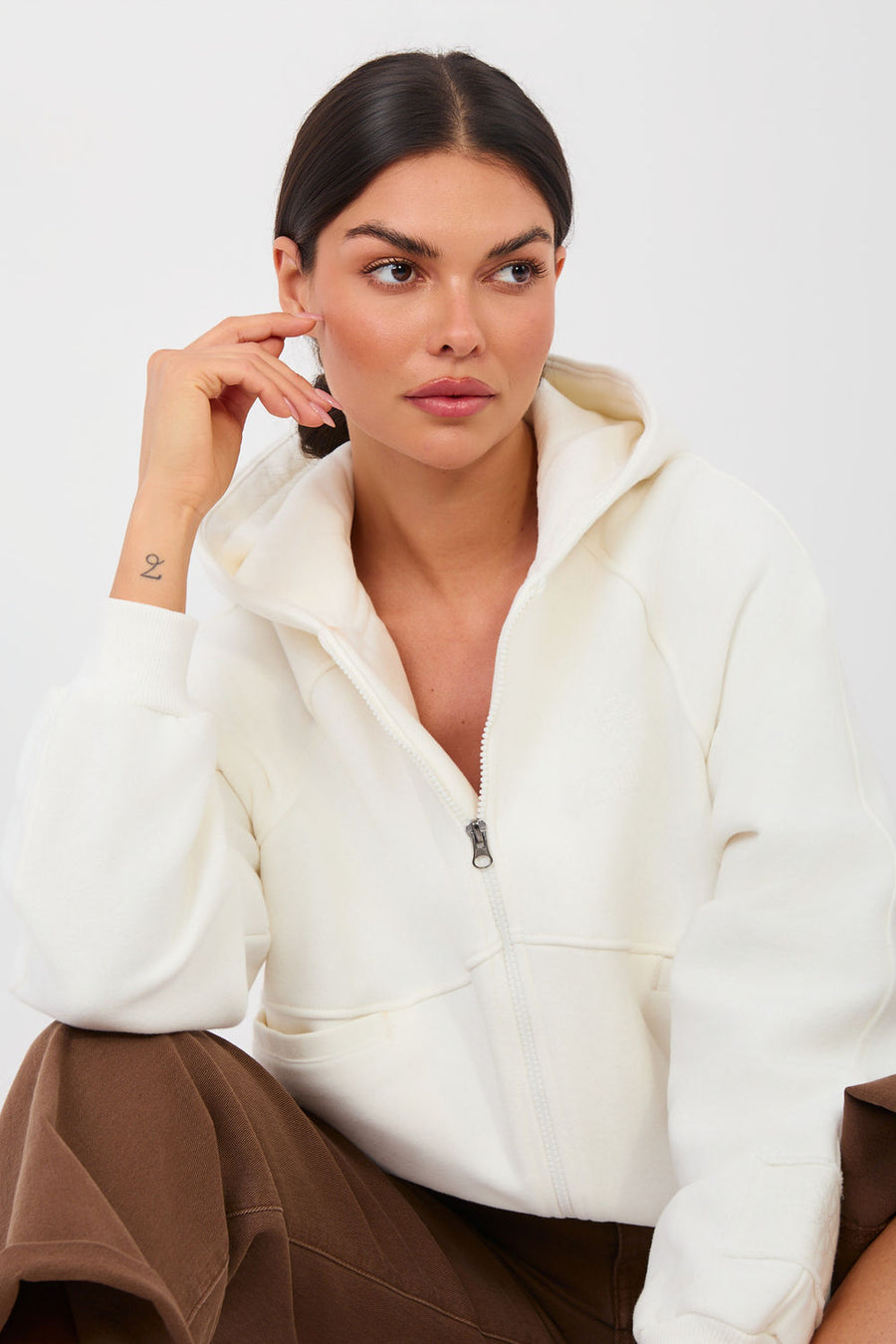 Factory Price Ecru Hooded Zip Up Long Sleeve Sweatshirt