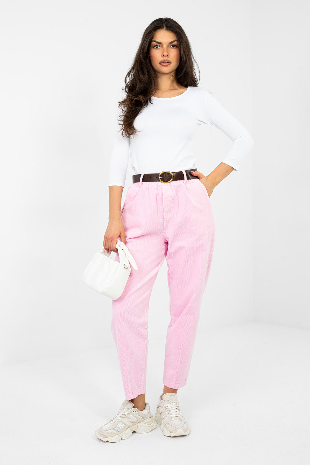 Italy Moda Light Pink High Waisted Cotton Corduroy Trousers with Pockets