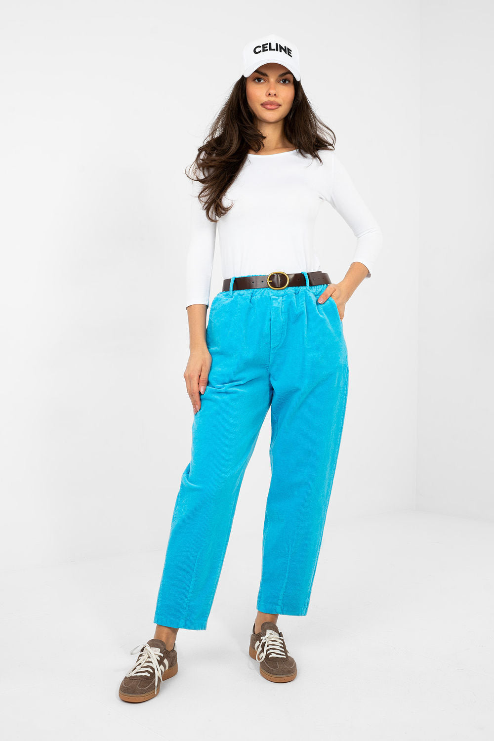 Italy Moda Blue High Waisted Cotton Corduroy Trousers with Pockets