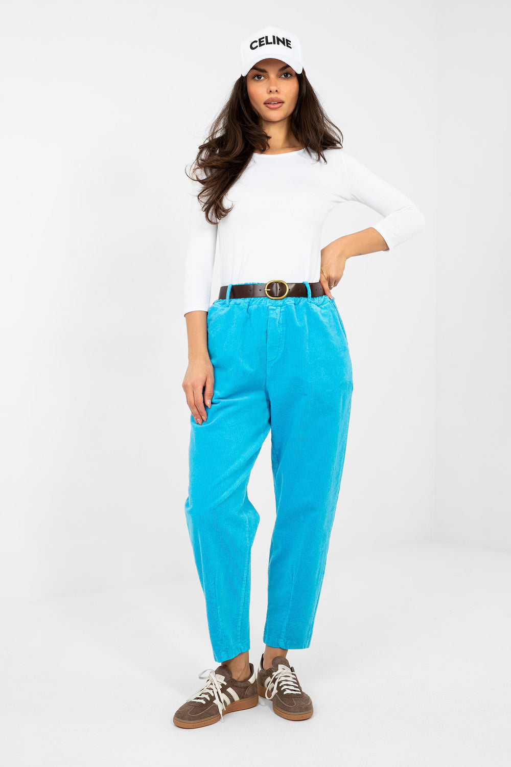 Italy Moda Blue High Waisted Cotton Corduroy Trousers with Pockets - view 4