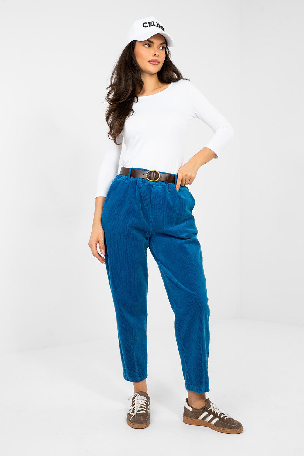 Italy Moda Dark Blue High Waisted Cotton Corduroy Trousers