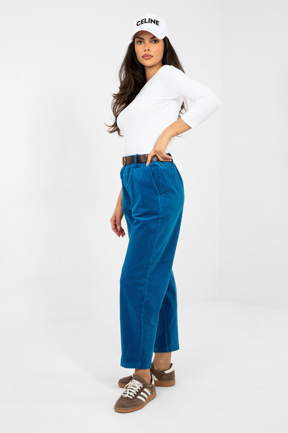 Italy Moda Dark Blue High Waisted Cotton Corduroy Trousers - view 2