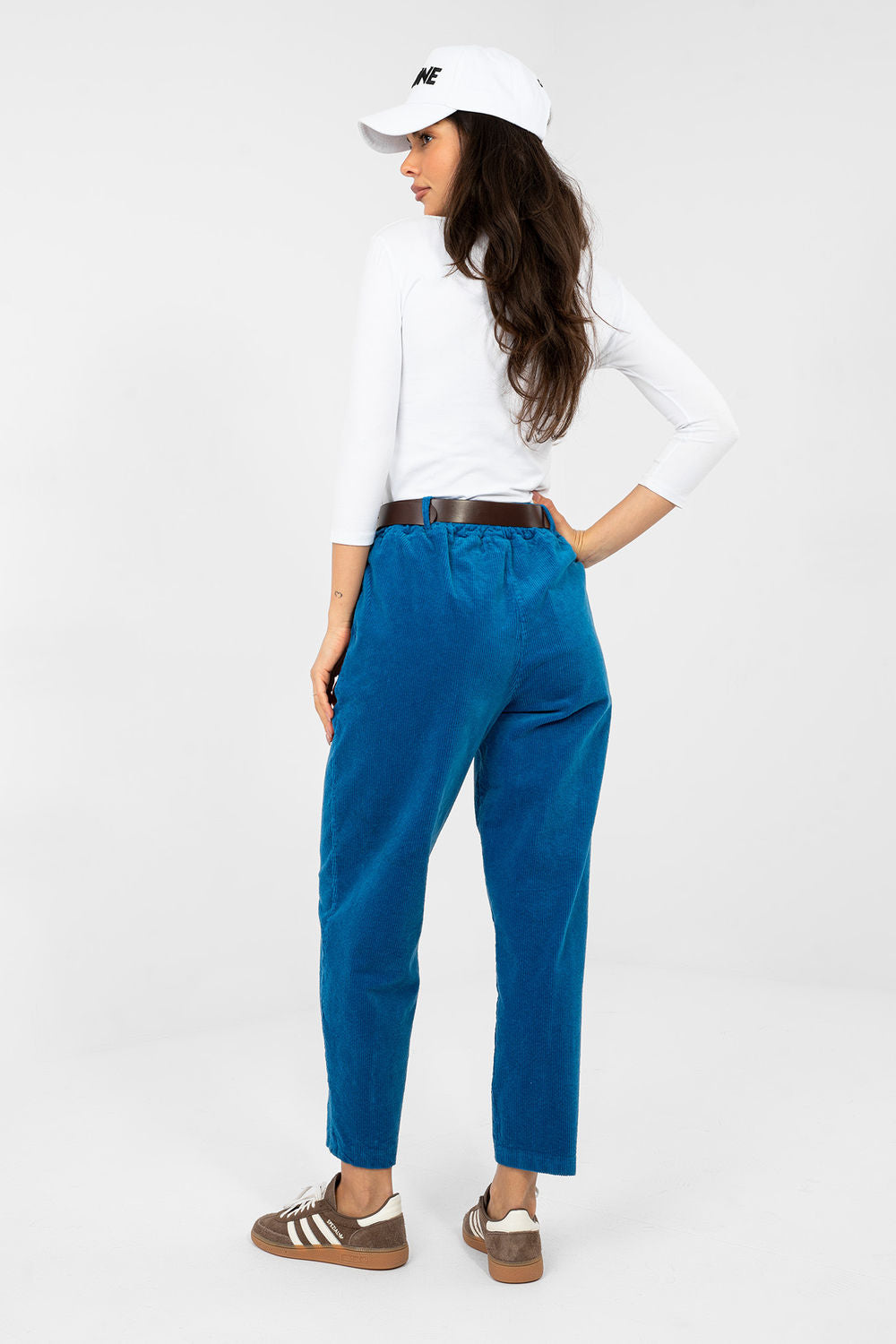 Italy Moda Dark Blue High Waisted Cotton Corduroy Trousers - view 3