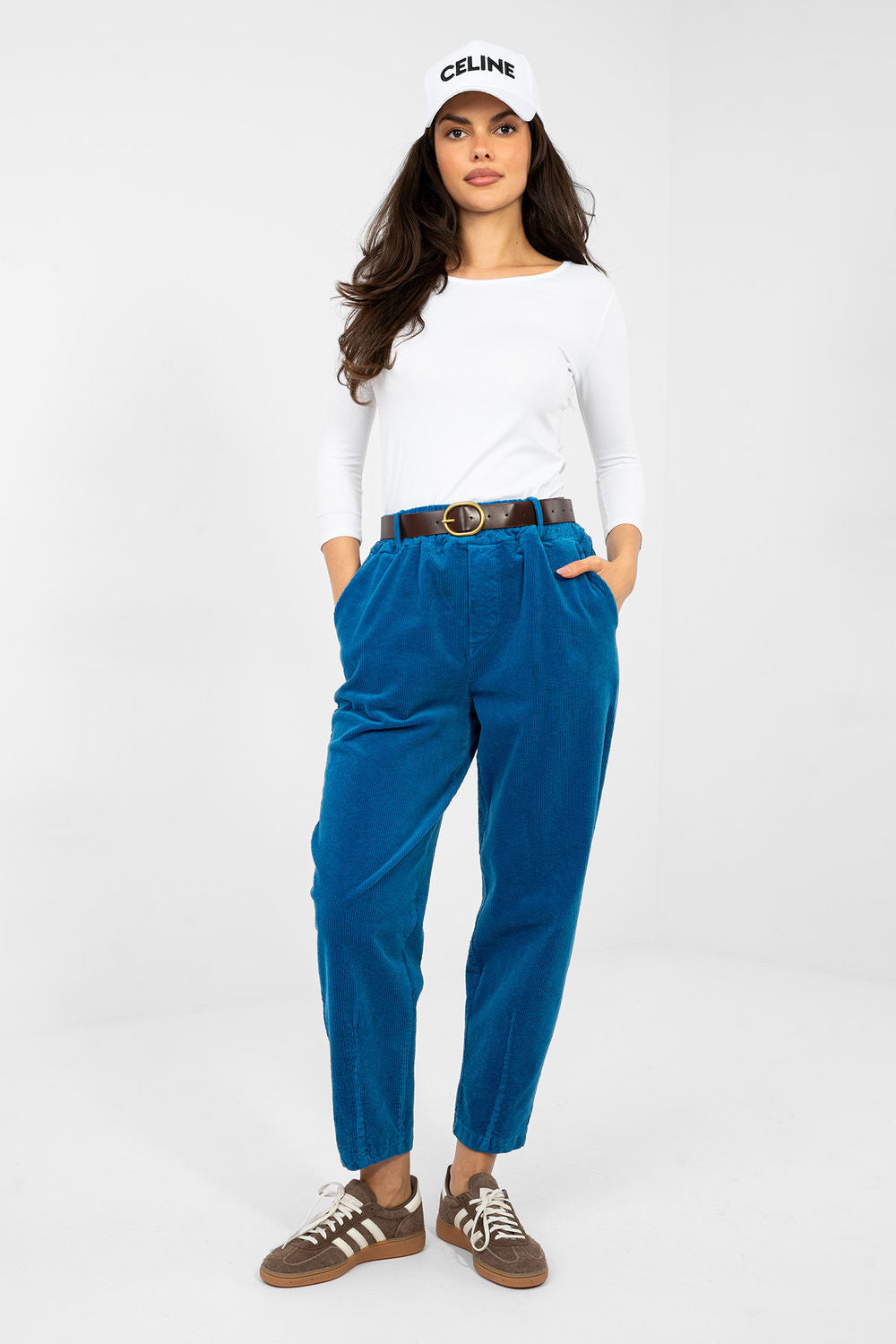 Italy Moda Dark Blue High Waisted Cotton Corduroy Trousers - view 4