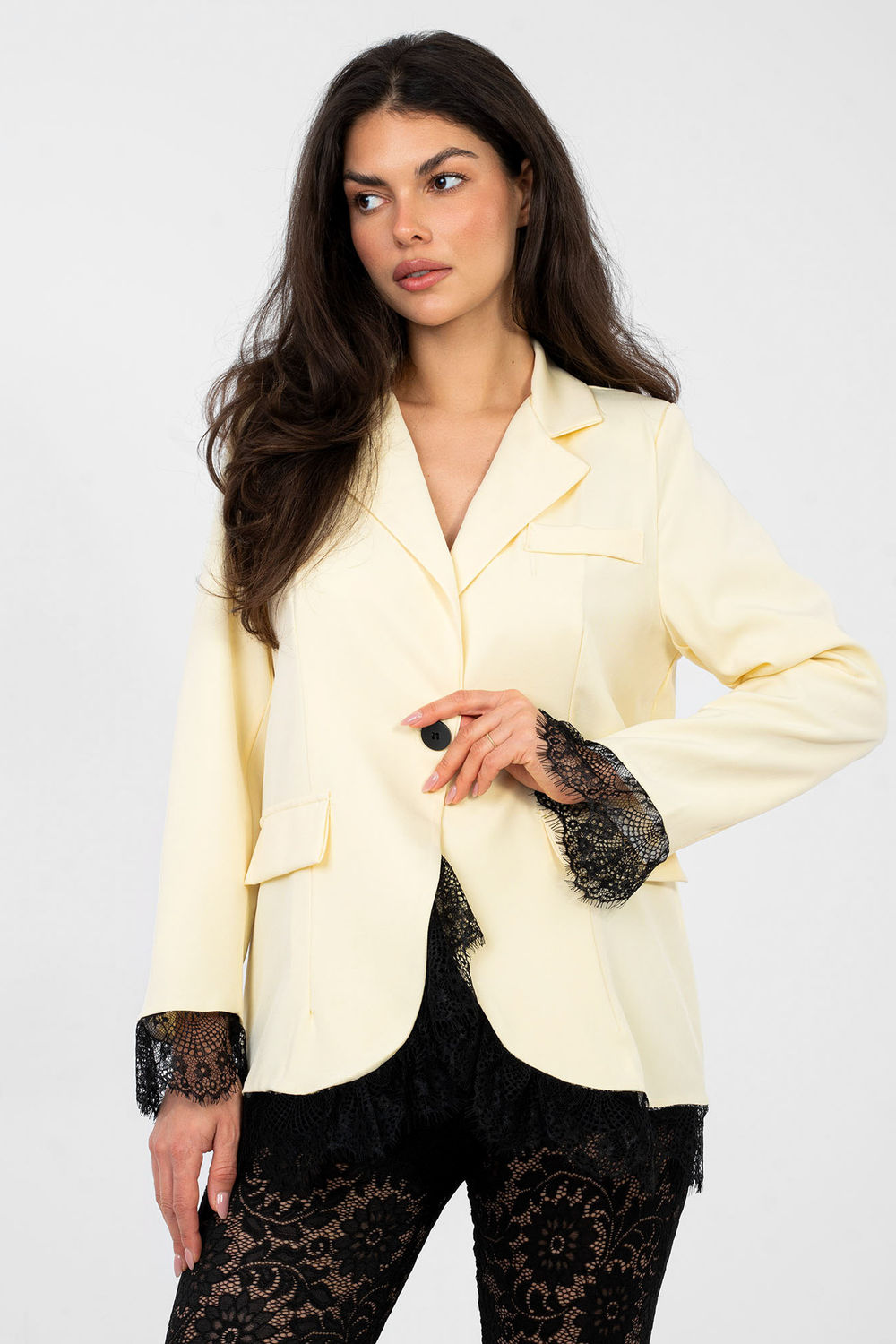 Italy Moda Light Yellow Lace Long Sleeve Jacket