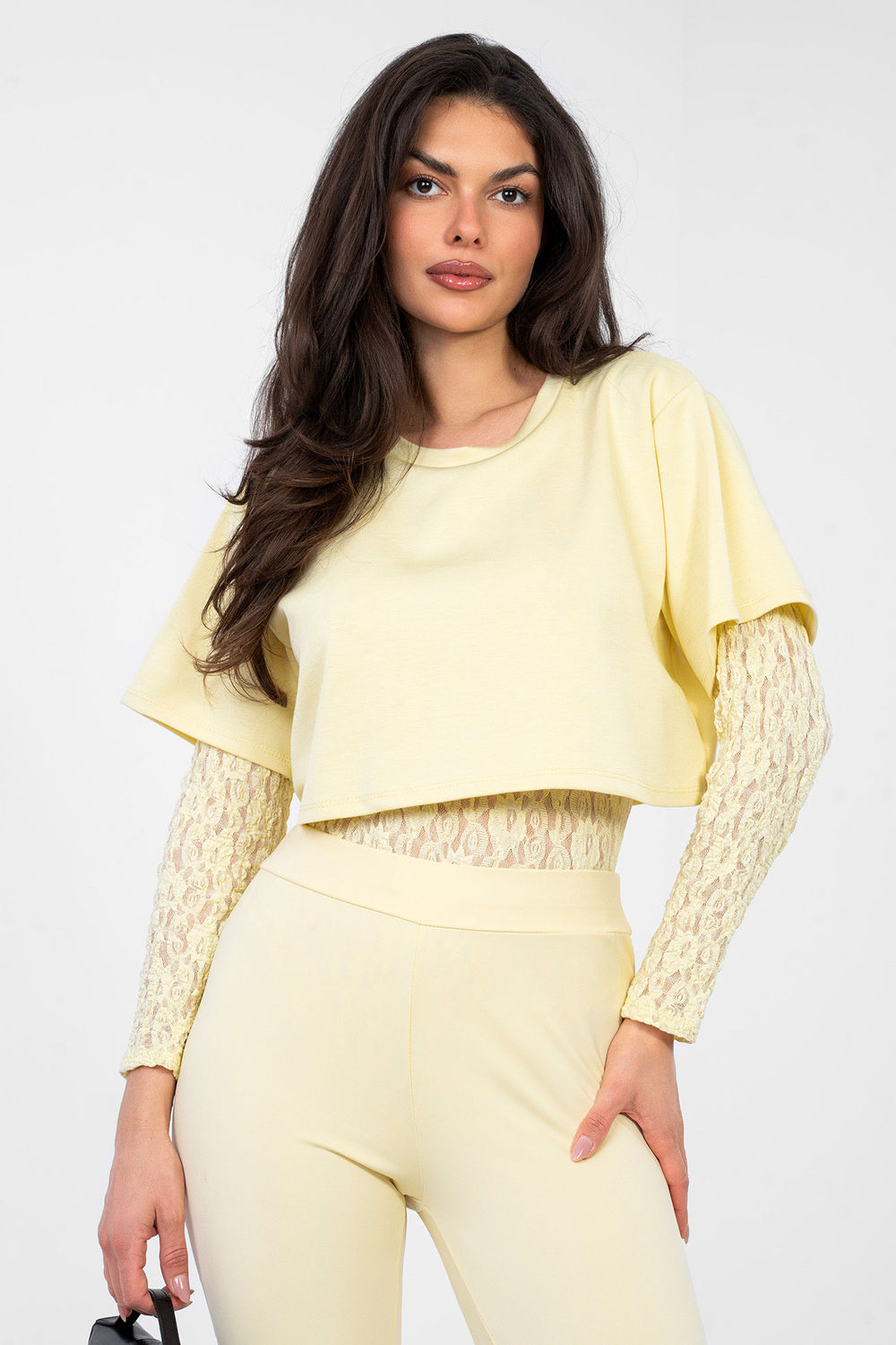 Italy Moda Light Yellow Round Neck Lace Shapewear Bodysuit - view 4