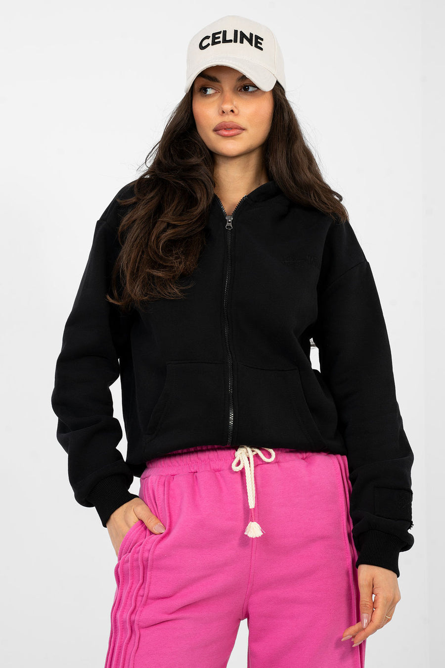 Factory Price Black Hooded Zip Up Sweatshirt with Pockets