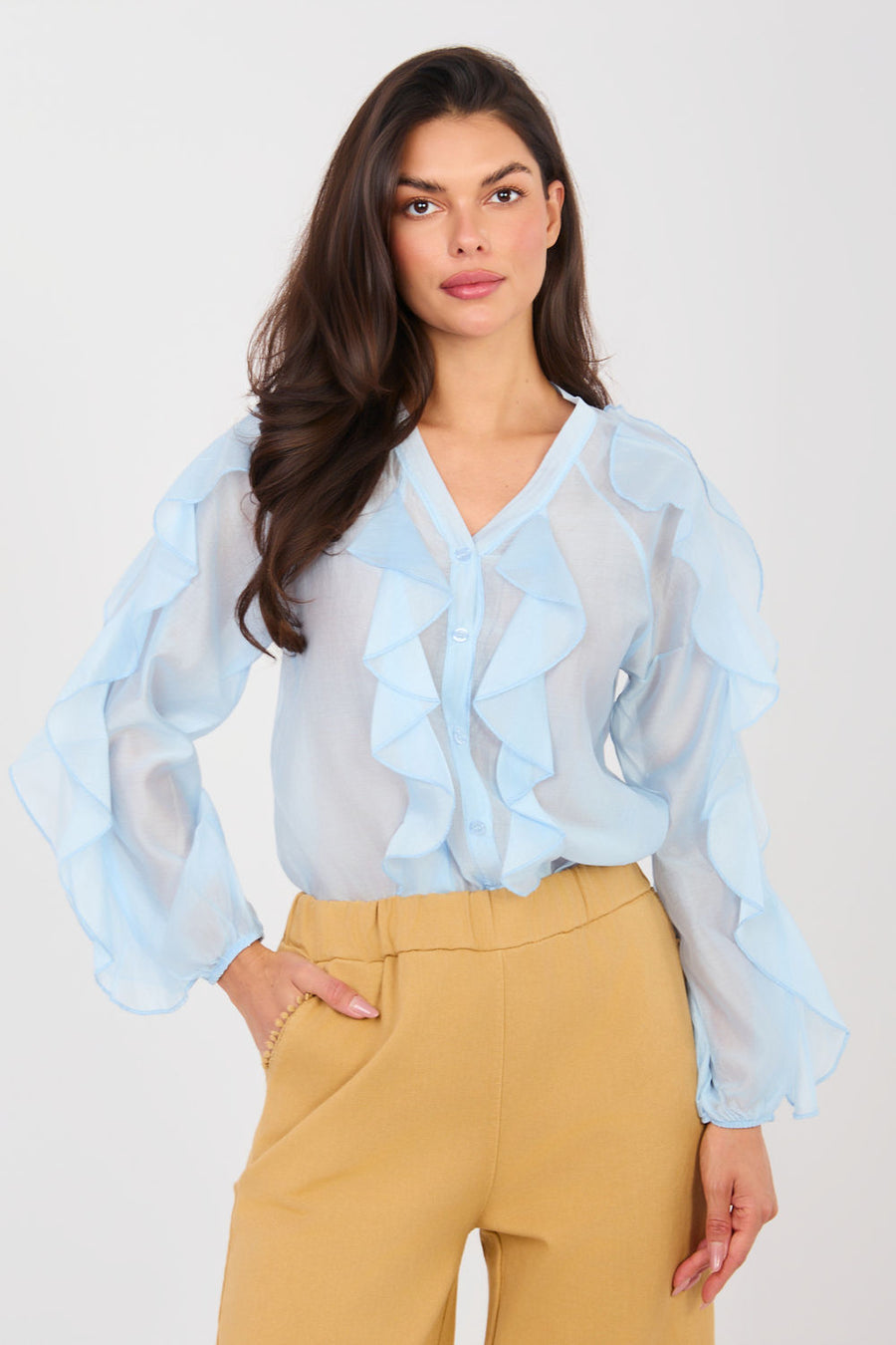 Factory Price Light Blue V-Neck Long Sleeve Top