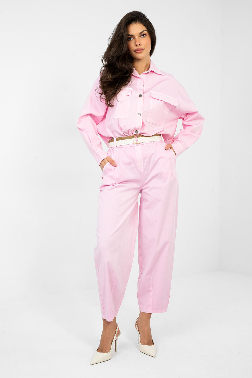 Italy Moda Light Pink High Waisted Cotton Trousers with Pockets