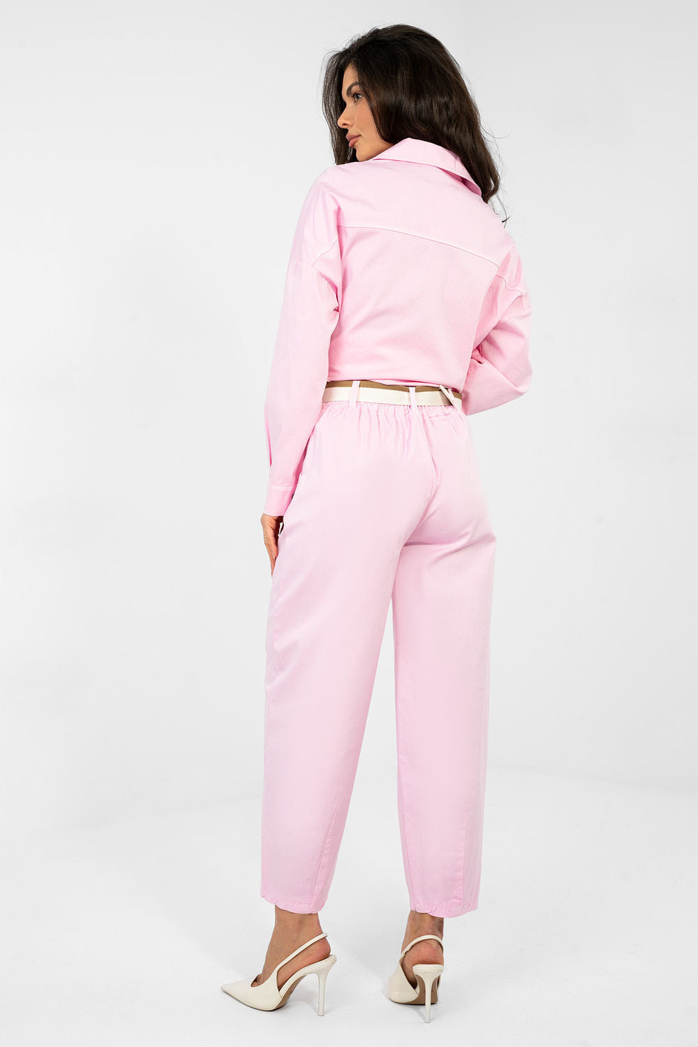 Italy Moda Light Pink High Waisted Cotton Trousers with Pockets - view 3
