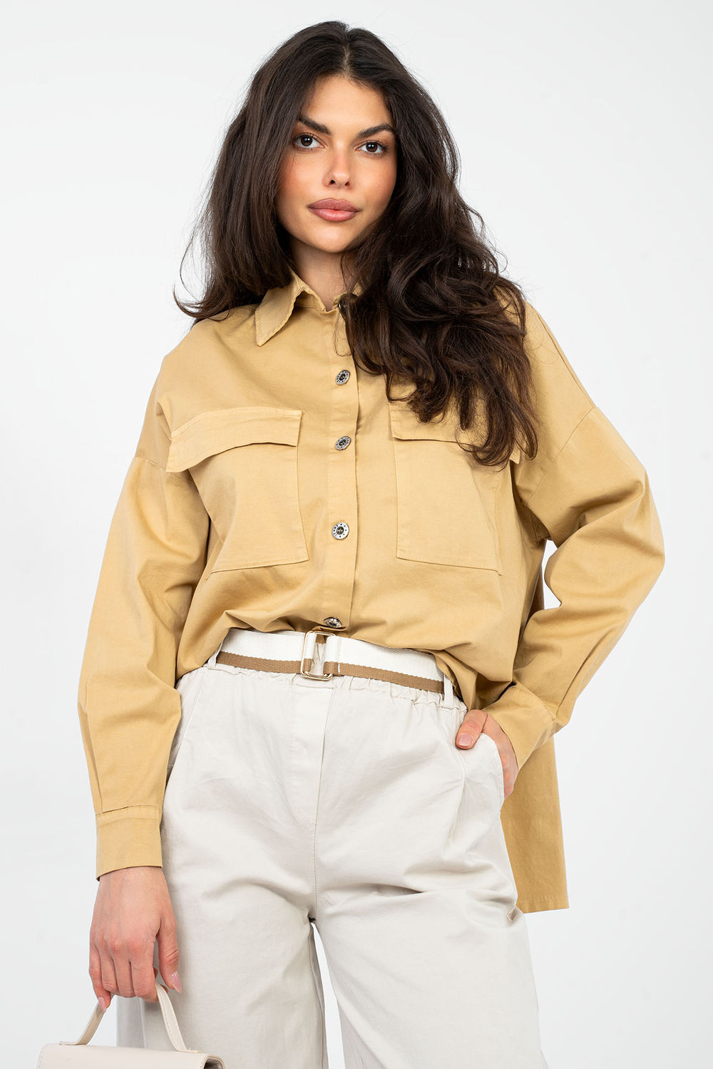Italy Moda Camel Cotton Long Sleeve Top