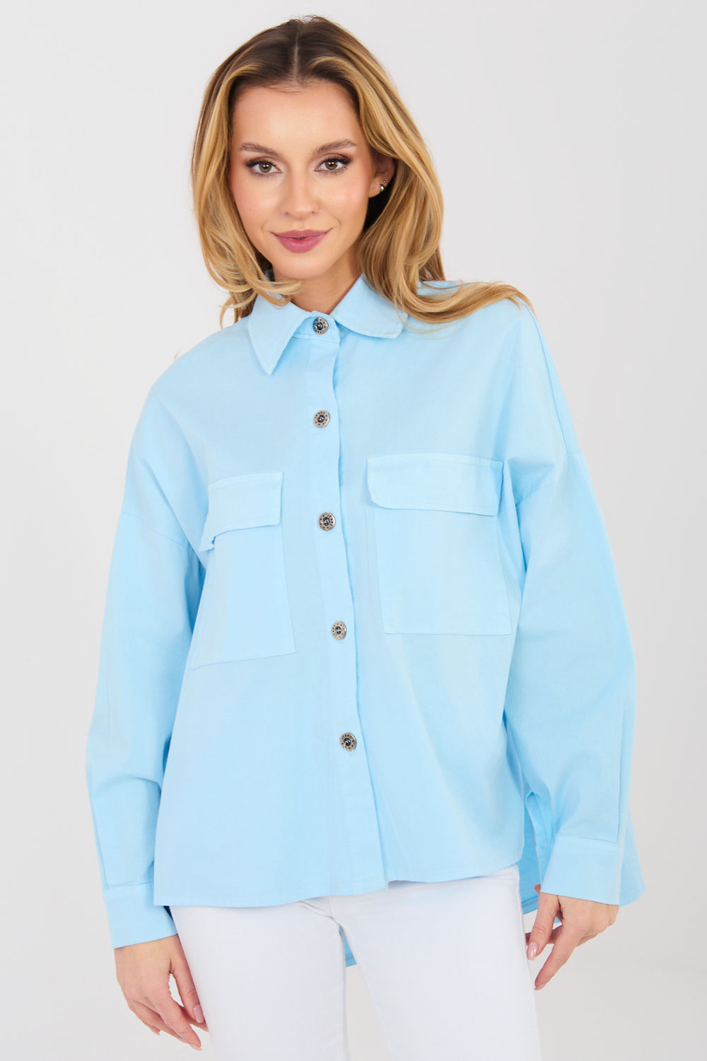Italy Moda Light Blue Cotton Long Sleeve Top