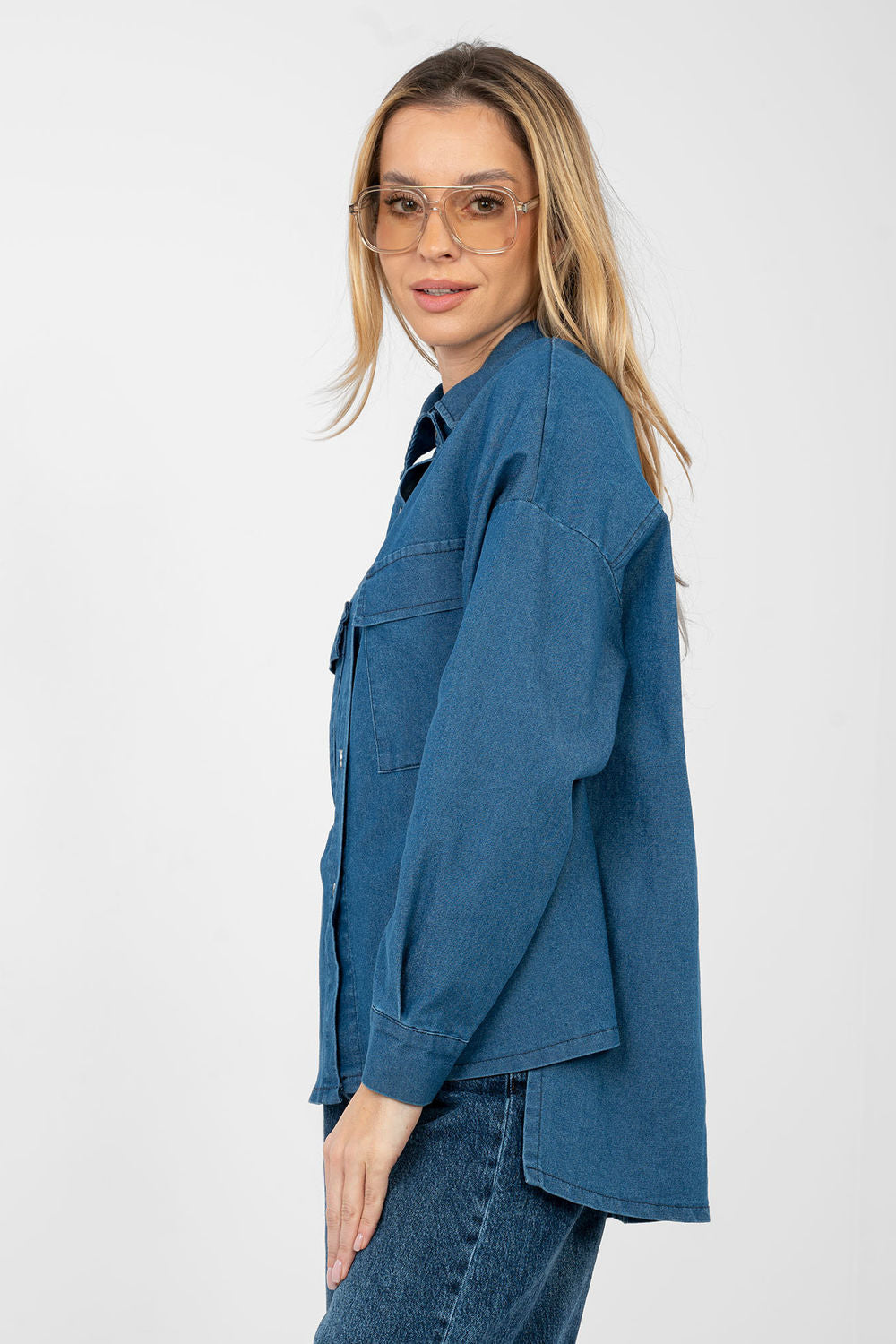 Italy Moda Blue Denim Cotton Long Sleeve Top - view 3