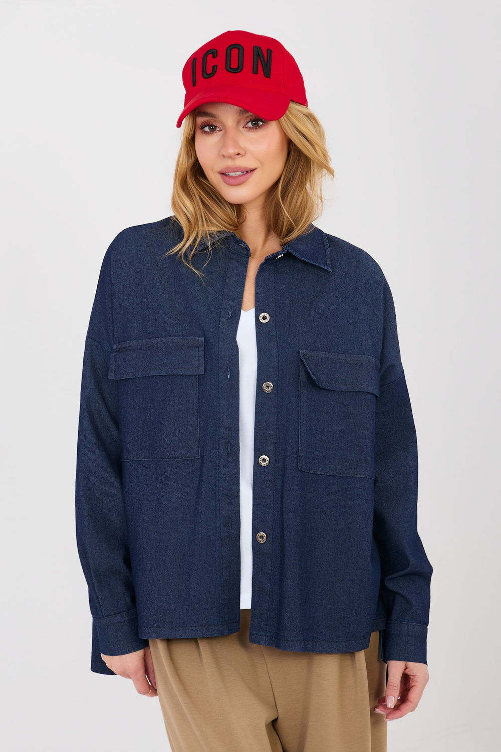 Italy Moda Navy Denim Cotton Long Sleeve Top