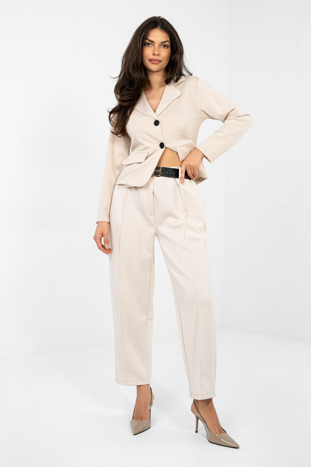 Italy Moda Light Beige Viscose High Waisted Joggers