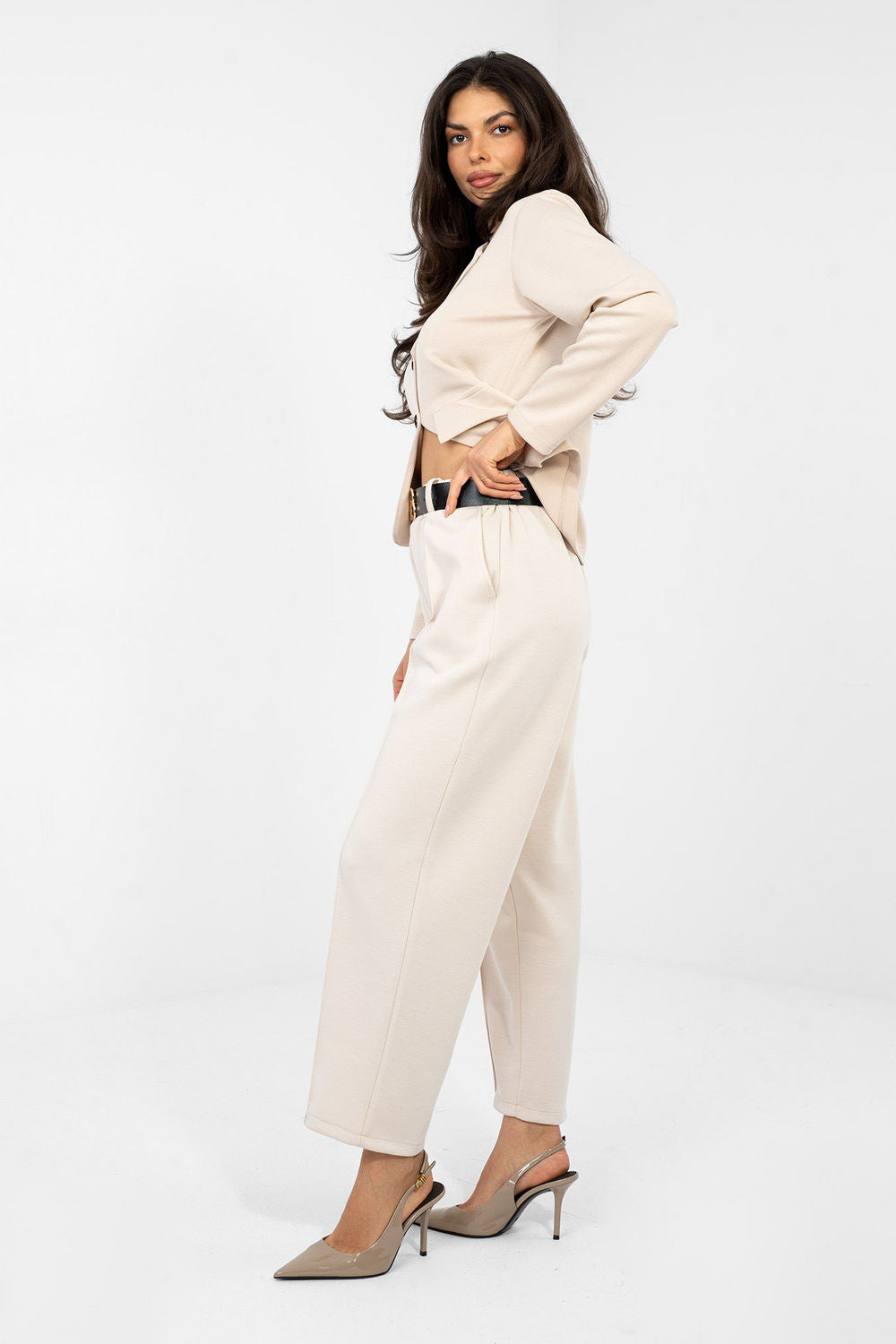 Italy Moda Light Beige Viscose High Waisted Joggers - view 2