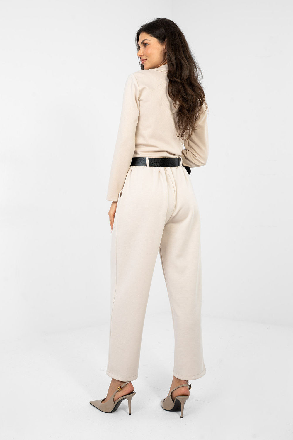 Italy Moda Light Beige Viscose High Waisted Joggers - view 3
