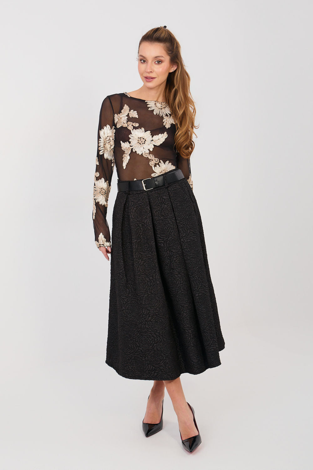Rue Paris Black Floral Pleated Skirt