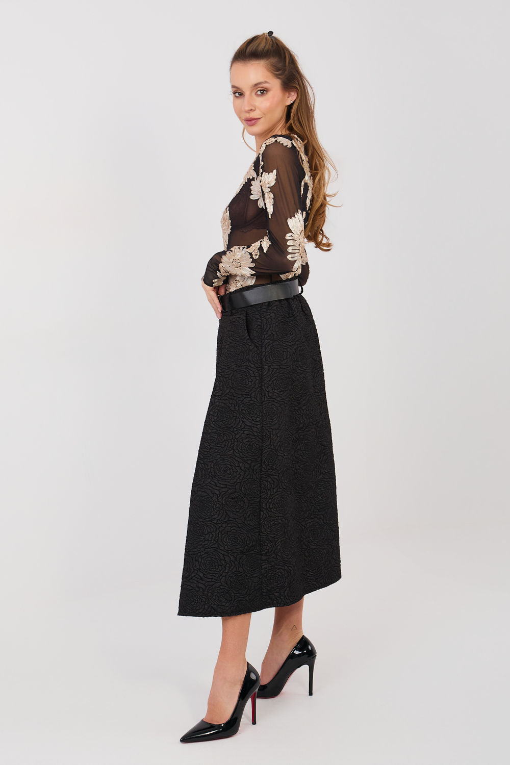 Rue Paris Black Floral Pleated Skirt - view 2
