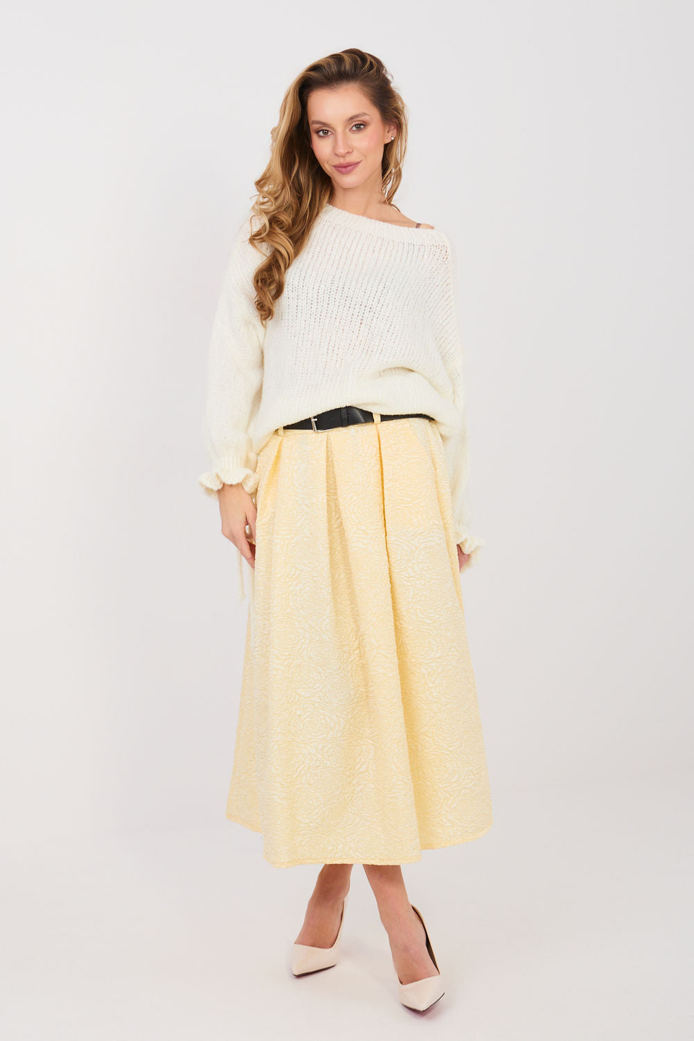 Rue Paris Light Yellow Floral Pleated Skirt