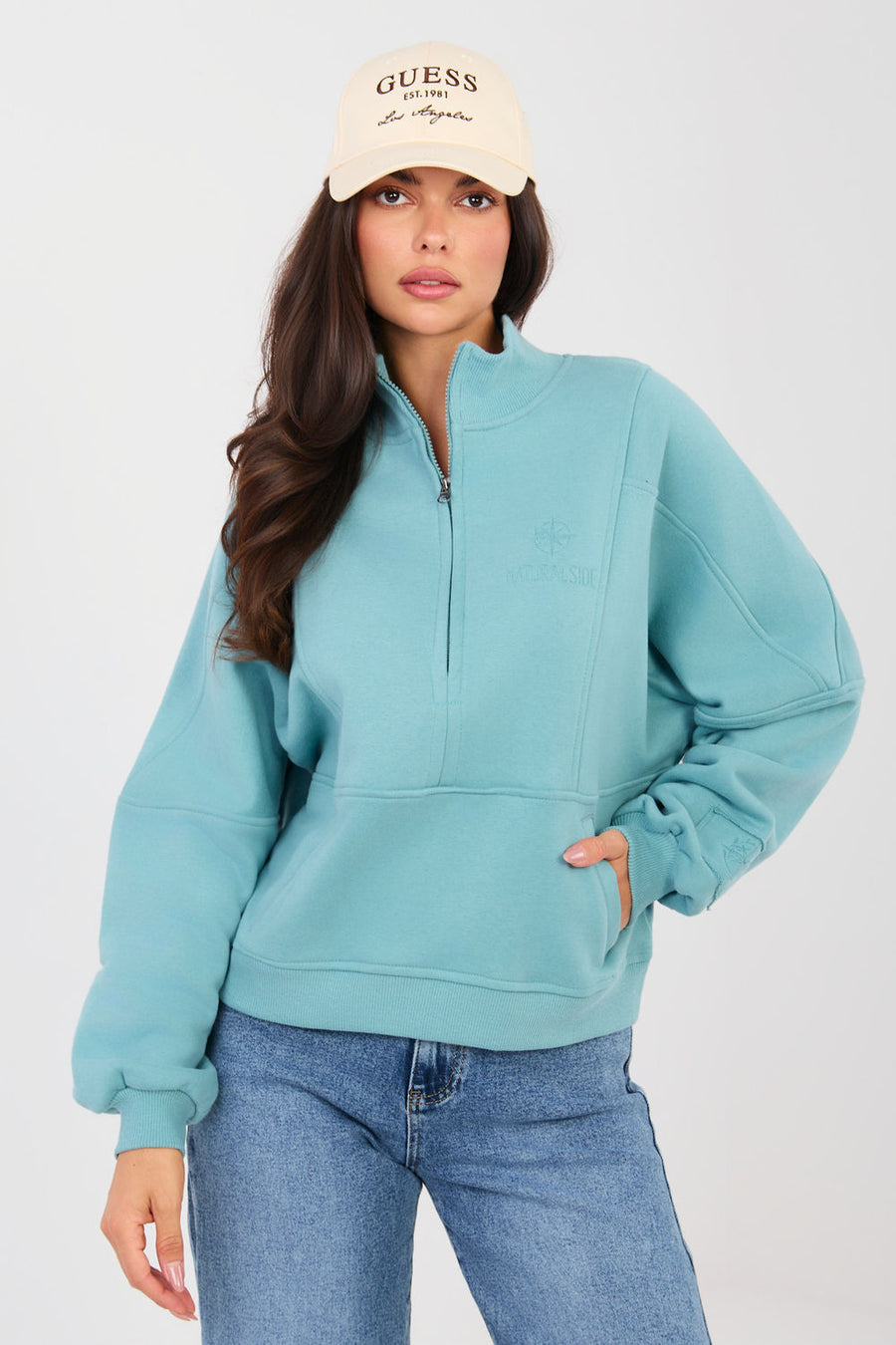 Factory Price Turquoise Zip Up Long Sleeve Sweatshirt