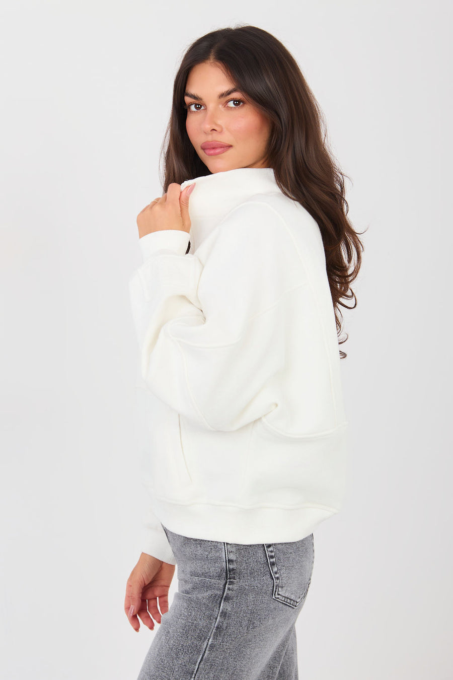 Factory Price Ecru Zip Up Long Sleeve Cotton Sweatshirt