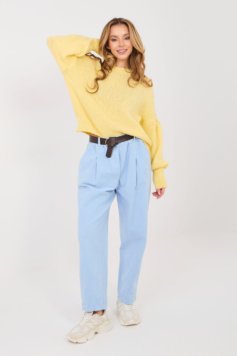 Italy Moda Light Blue Pleated High Waisted Corduroy Trousers