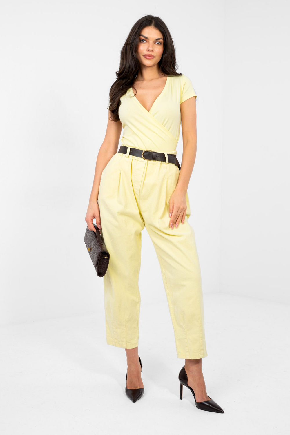 Italy Moda Light Yellow Pleated High Waisted Corduroy Trousers