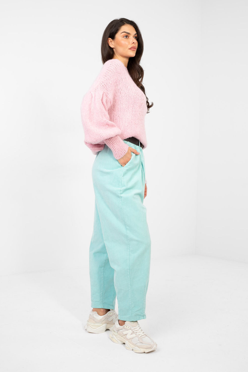 Italy Moda Mint Pleated High Waisted Corduroy Trousers - view 2