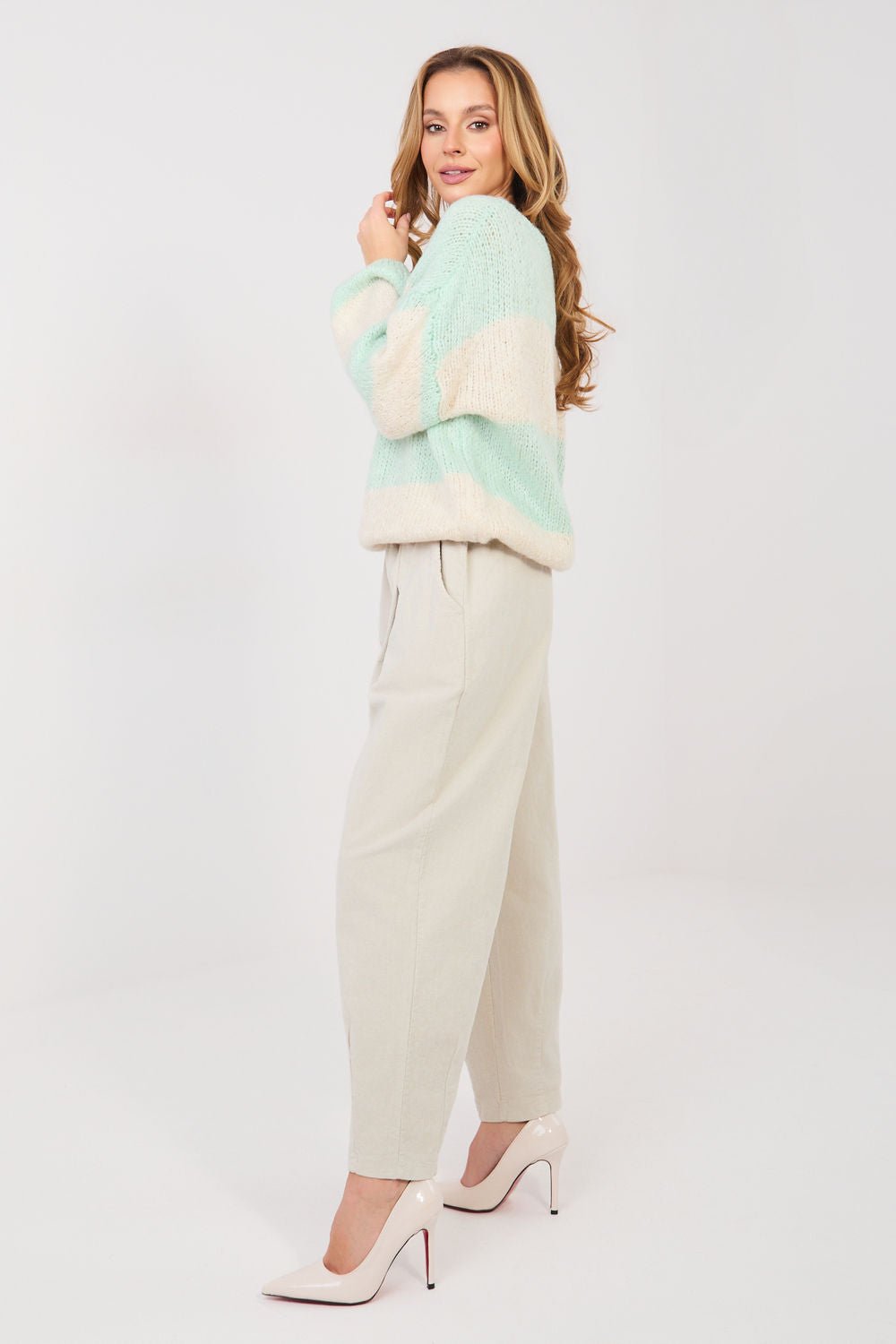 Italy Moda Light Beige Pleated High Waisted Corduroy Trousers