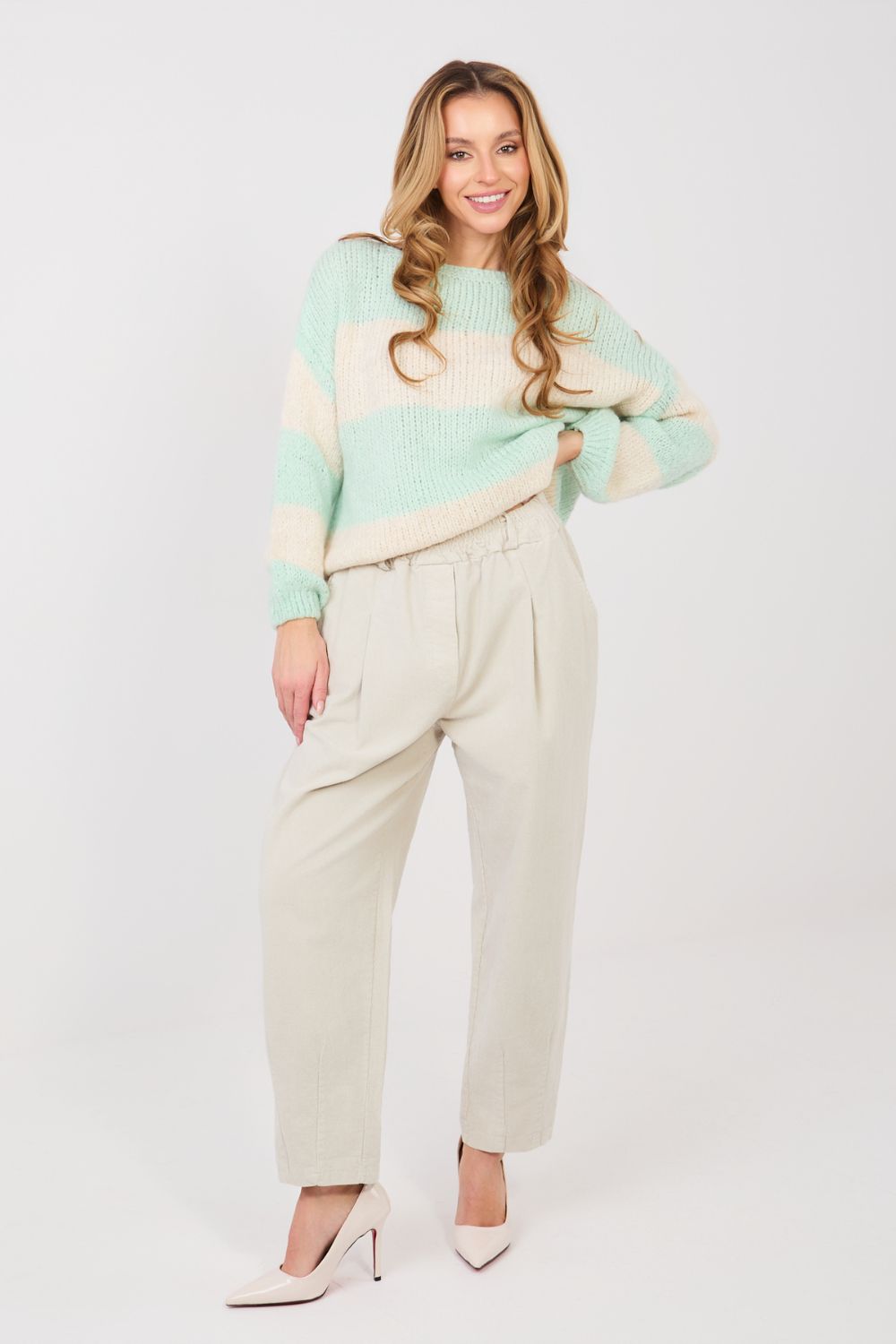 Italy Moda Light Beige Pleated High Waisted Corduroy Trousers - view 2