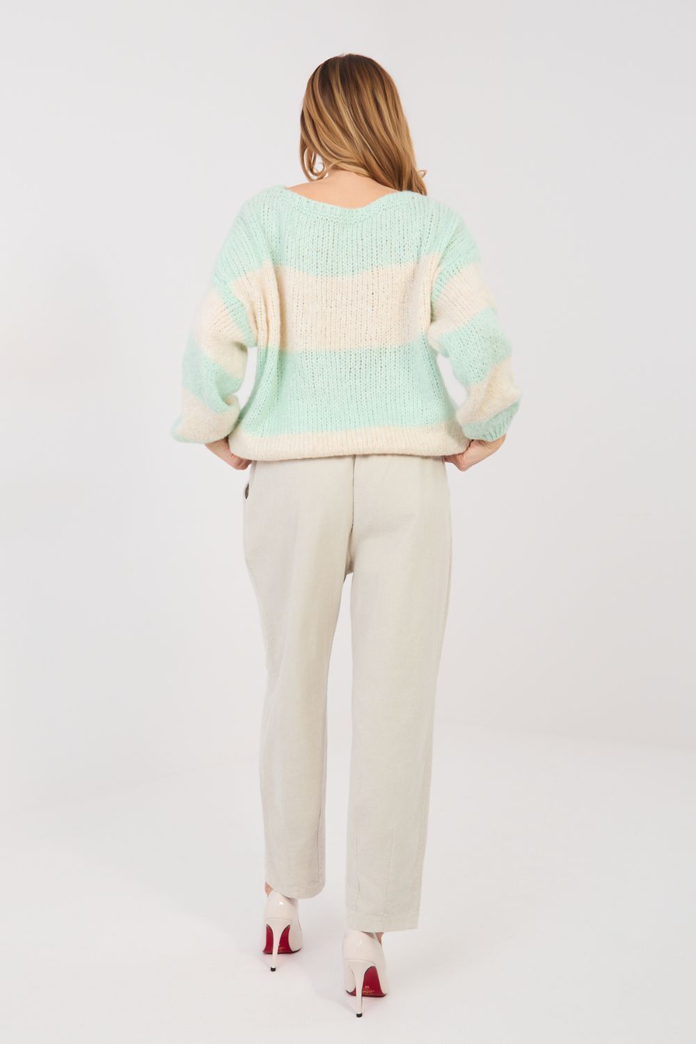 Italy Moda Light Beige Pleated High Waisted Corduroy Trousers - view 3