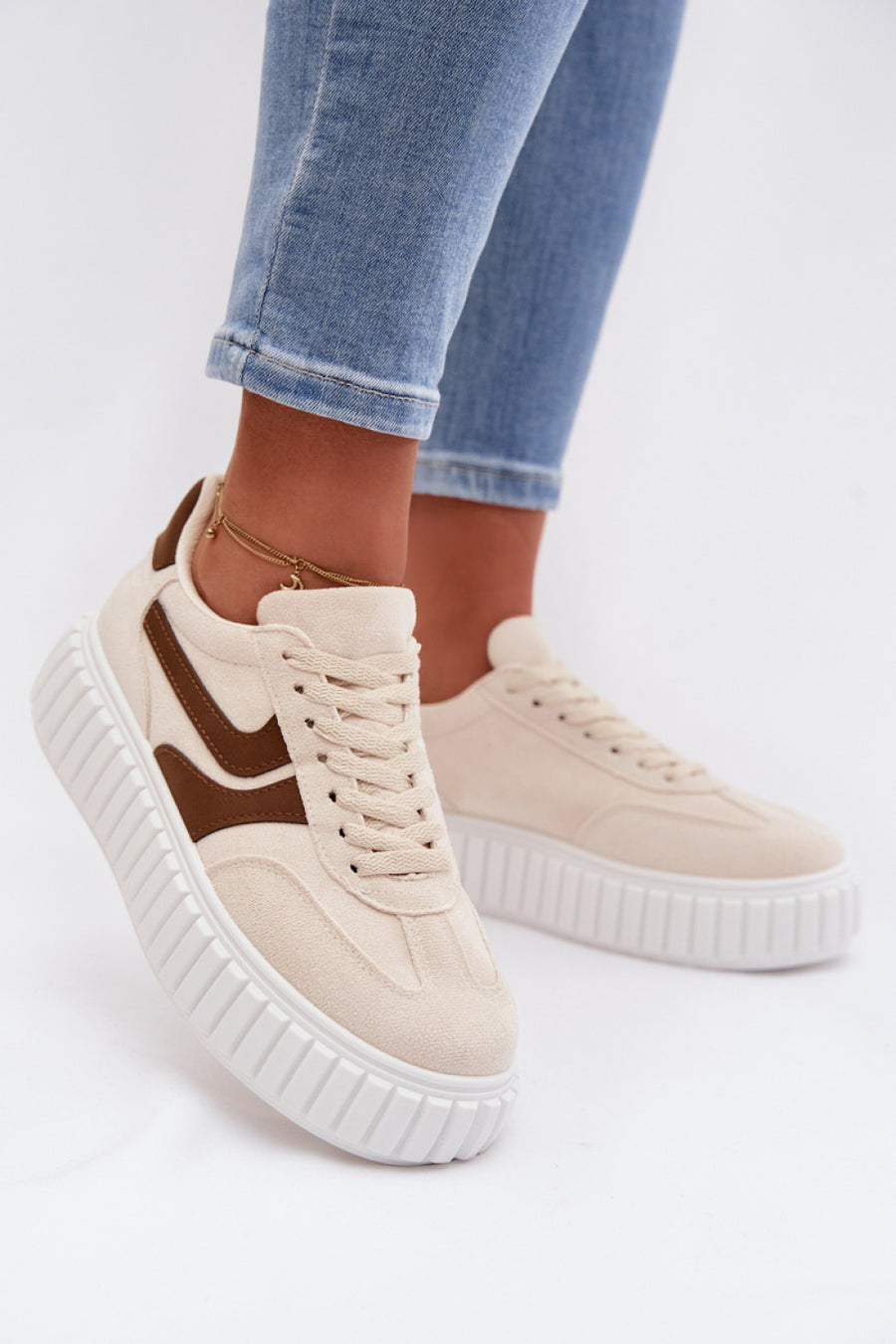 Step In Style Beige Faux Suede Platform Trainers