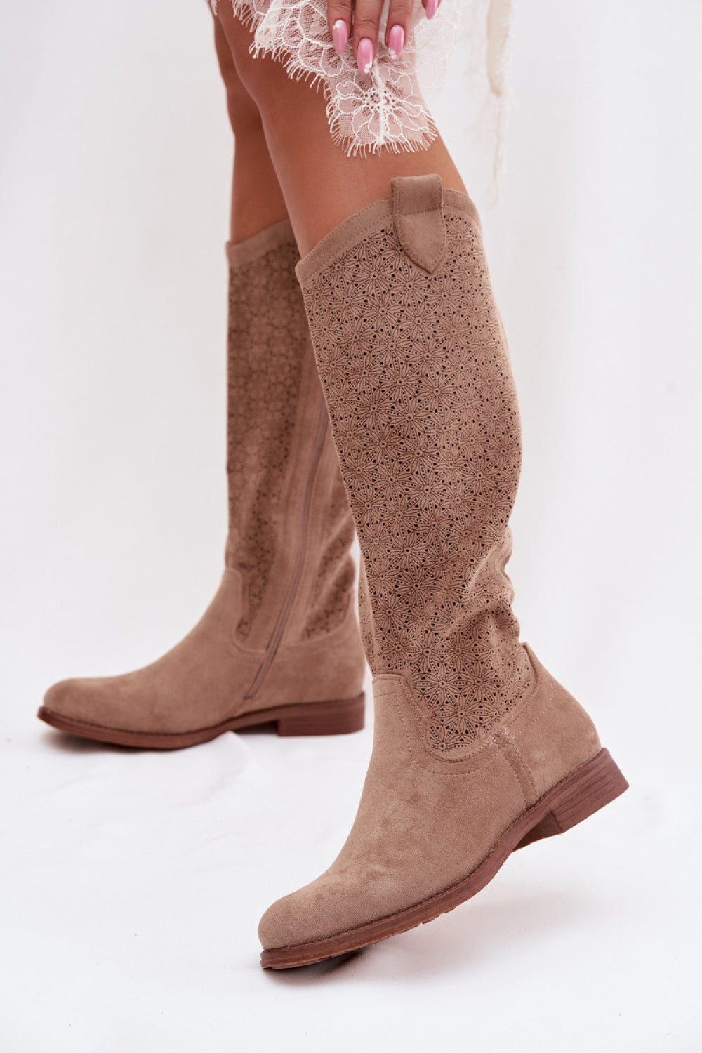 Step In Style Beige Faux Suede Flat Cut-Out Boots