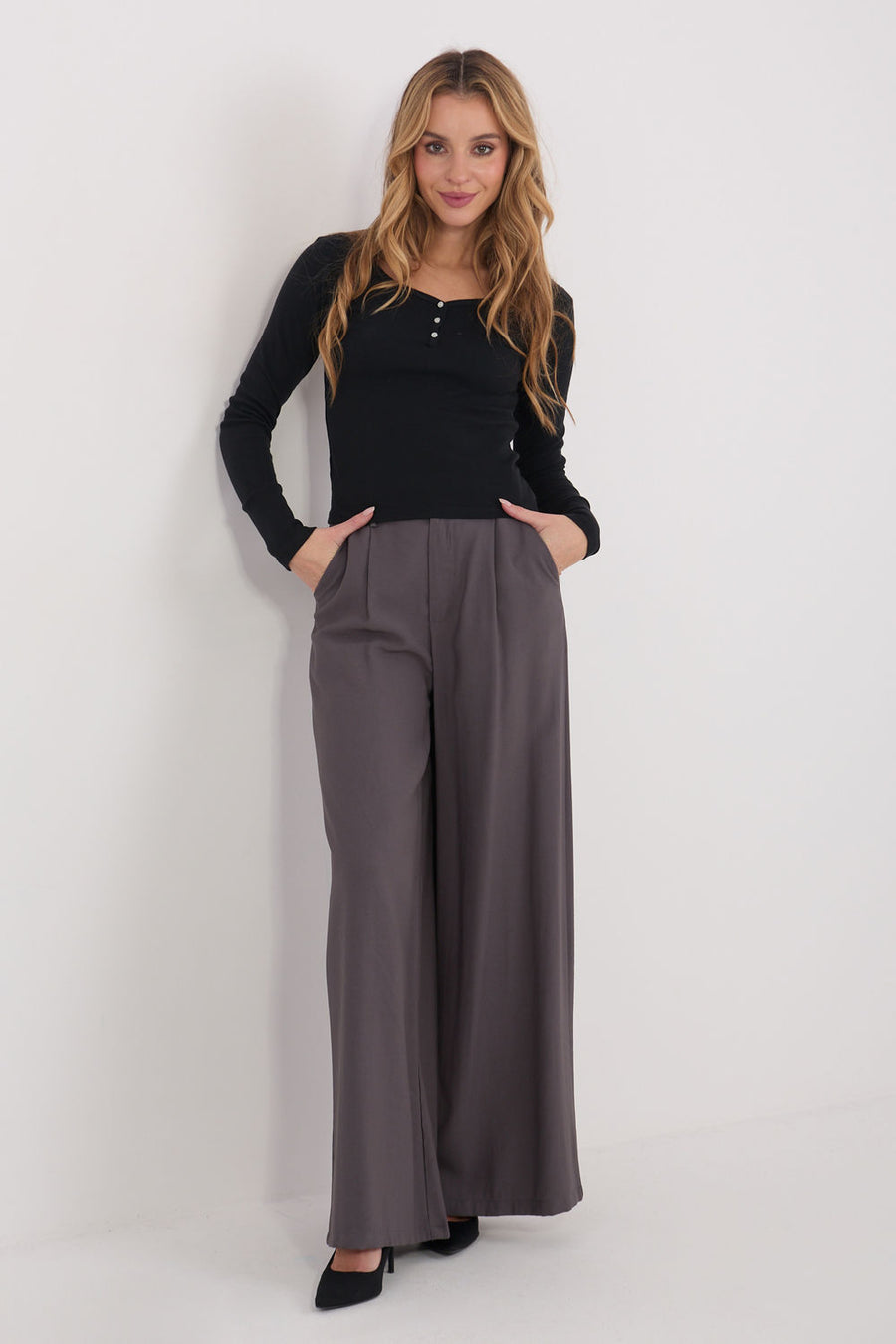 Factory Price Black Bodycon High Waisted Long Sleeve Cotton Blouse with Buttons
